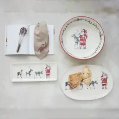 Storied Home Round Stoneware Bowl with Santa and Reindeer Image and Colored Rim, Red, Black and White