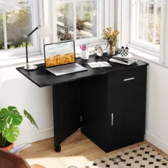 Costway Folding Computer Desk with Drawer Cabinet & Adjustable Shelf Wheel for Living Room, Black/White