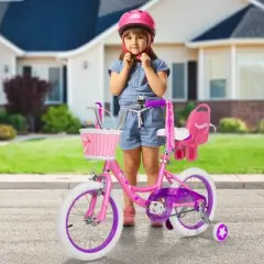 Hykolity 14 inch Girl Bicycle Children Training Bike Youth Princess First Bike with Pink Basket Doll Seat Step-through Adjustable Saddle
