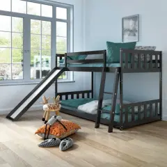Costway Twin over Twin Bunk Wooden Low Bed with Slide Ladder for Kids