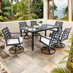 7 Piece Cast Aluminum Patio Dining Set with Rectangular Table and Six Swivel Rocking Chairs Sunbrella Cushions for Outdoor Garden Deck-Maison Boucle