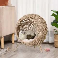 DSVIMOY 20.5" Cat Bed, Elevated Braided Banana Leaf Kitten House Condo with Cushion, Beige, 20.5"*20.5"*22.8"