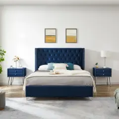 Button-Tufted Platform Bed with One Nightstand - ModernLuxe