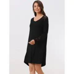 cheibear Women's Lace Trim Long Sleeves Pull-on Nightshirt Dress
