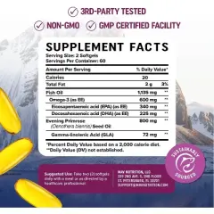 Omega 3 with Evening Primrose Oil Softgel for Women, Hormone Balance, Skin & Overall Wellness Support, Lemon Flavor, MAV Nutrition, 120ct