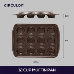 Circulon 12 Cup Muffin Pan Chocolate: Nonstick Aluminum Bakeware, Even-Heating, Dishwasher-Safe Baking Cookware