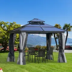 Outsunny Hardtop Gazebo Outdoor Polycarbonate Canopy Aluminum Frame Pergola with Double Vented Roof, Netting & Curtains for Garden