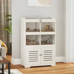 PawHut Large Hamster Cage for Multiple Small Pets, Rat Cage with Storage Cabinet, Clear Transparent Panels, Sliding Doors, Flip Top, Cream White