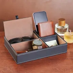 5 Compartment Faux Leather Valet Catchall Tray Organizer for Wallet, Keys, Phone - 10 x 7.3 x 2 in