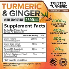 Turmeric Curcumin Supplement 2600mg - Organic Ginger, Turmeric, BioPerine Black Pepper Extract 95% - 120 Capsules By Nature's Nutrition