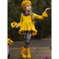 Girls Vibrant Cub Hi-Lo Ruffle Tunic, Leopard Leggings & Scarf Set - Mia Belle Girls