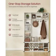 Hall Tree with Bench and Shoe Storage, Coat Rack with Shoe Storage, Entryway Furniture, 20 Open Compartments, 6 Tri-Hooks, Rustic White