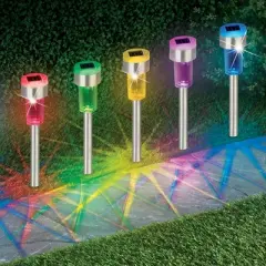 Collections Etc Set of 6 Solar Powered Color Changing Stainless Steel Pathlights 1.75 X 1.75 X 12.75