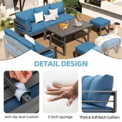 COWLOWN 7 Piece Blue Modern Metal Outdoor Furniture Sofa Set in Aluminum, Conversation Table and Chair Sets Perfect for Lawn, Backyard and Deck Areas
