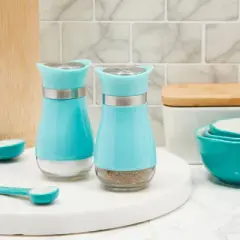 Juvale 2 Pack Stainless Steel Salt and Pepper Shakers Refillable Dispenser Set with Glass Bottom, Teal, 4 Oz