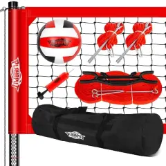 PLAYAPUT Outdoor Professional Volleyball Net System, Aluminum Poles with Scoring System and Anti-Sag Winch , Red