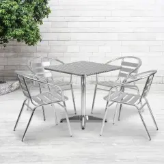 Emma and Oliver 27.5" Square Aluminum Table Set with 4 Slat Back Chairs