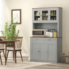 HOMCOM 71" Tall Kitchen Pantry Storage Cabinet with 2 Drawers, Microwave Cabinet with Adjustable Shelves and Glass Doors, Gray