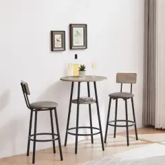 SKRAN Set of 3 Pub Table and Chairs Set, Round Counter Height Table and PU Bar Stools w/Storage Shelf for Breakfast Nook Small Bistro
