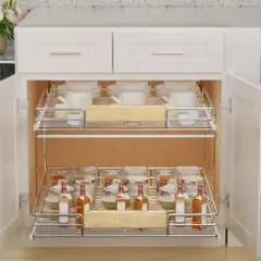 LOVMOR 2 Tier Pull Out Cabinet Organizer 28&frac12;" W x 21&frac12;" D, Slide Out Drawers with Wooden Handle, Sliding Shelves Organization