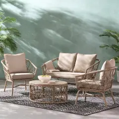 GDFStudio Colmar Outdoor Wicker 4 Seater Chat Set with Cushions, Light Brown/Beige