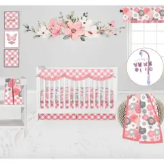 Bacati - Watercolor Floral Coral Gray 10 pc Girls Crib Bedding Set with Long Rail Guard Cover