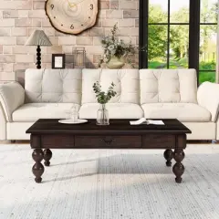 ORRD Vintage Wooden Coffee Table with Storage Drawer - No-Tools Assembly Farmhouse Cocktail Table for Living Room