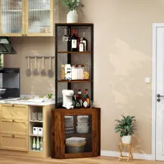 KTMBDW Wine Rack with Glass Holder and Storage Shelves, Corner Bar Corner Wine Cabinet, 6 Tier Bookshelf Display Corner Shelves for Living Room, Brown