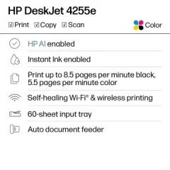 HP DeskJet 4255e Wireless All-in-One Color Printer Scanner Copier with 3 Months Free Instant Ink (588S6A)