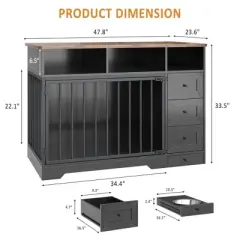 48'' Dog Crate Furniture, Farmhouse Dog Kennel Furniture with Dog Bowl & Storage Drawers