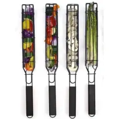 Outset Non-Stick Carbon Steel Kabob Grill Basket with Hardwood Handle Set of 4 - Black
