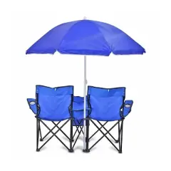 GoTeam Double Folding Camping Chair Set with Shade Umbrella, Cooler, and Carrying Bag for Camping, Beach Lounging, Tailgating, and More, Blue