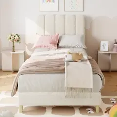 Twin Bed Frame, Boucle Upholstered Platform Bed with Wave Headboard for Girls/Kids, Easy Assembly, Wood Slats Support, No Box Spring Needed