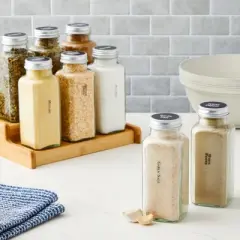 Talented Kitchen 8 Pack Large Glass Spice Bottles with 239 Preprinted Labels, 8 Ounce Seasoning Jars with Shaker Lids & Silver Caps