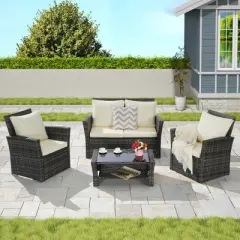 4 Piece Outdoor Wicker Patio Furniture Sets,Rattan Garden Furniture Sofa Set,Poolside Sofas with Cushions and Glass Coffee Table-Coolbibila
