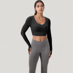 Anna-Kaci Active Women's Long Sleeve V-Neck Cropped Active Top with Thumbhole Cuffs and Stretch Fit for Workouts
