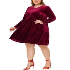 Agnes Orinda Women's Plus Size Velvet Winter Half Placket Pleat Long Sleeve Babydoll Dress
