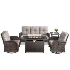 Buenhomino 5PCS Outdoor Patio Furniture Set with Fire Pit,Wicker Patio Conversation Sets with 43" Propane Fire Pit Table,Swivel Rocking Chairs