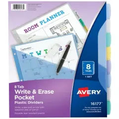 Avery&reg; Write & Erase Pocket Plastic Dividers, 8-Tab Set, Multicolor, 3 Sets