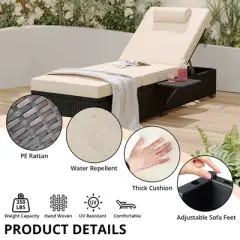 Outdoor PE Wicker Chaise Lounge Chairs Set of 2 Patio Brown Rattan Reclining Chair Adjustable Backrest Pool Sunbathing Recliners with Cushion Cover