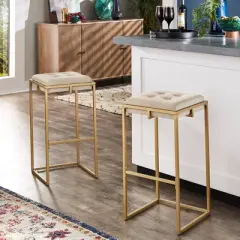 29" Set of 2 Ervyn Gold Finish Velvet Button Tufted Bar Height Chairs - Inspire Q