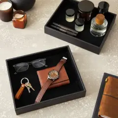 Juvale 2 Pack Faux Leather Valet Tray for Men, Velvet Catchall Organizer for Entryway, Nightstand, Keys, Wallet, Black, 10 x 8 x 2 In