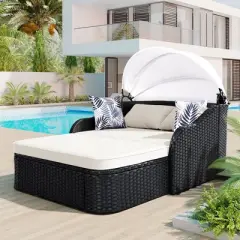 Outdoor Sunbed, Patio PE Rattan Daybed, Upholstered Chaise Lounger with Adjustable Canopy - ModernLuxe
