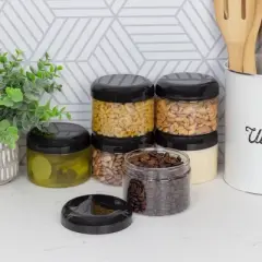 Cornucopia Brands Clear Plastic Jars w/ Black Plastic Lids 6pk; BPA Free for Bathroom, Kitchen, Crafts