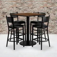 Emma and Oliver 36" Square Walnut Laminate Table Set, 4 Grid Back Metal Barstools