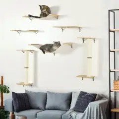 PawHut Unique Cat Tree Made From Cat Shelves with 8 Levels for More Height, Wall-Mounted Cat Tree Climbing Playground, Cat Hammocks, Modern Cat Tree