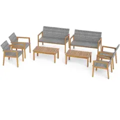 Costway 8 Pieces Outdoor Furniture Set, Acacia Wood Frame Sofa Set with Rattan Seat