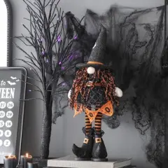 Whisen Fabric Standing Gnome W/Orange Banner & Spring Body, Halloween Decoration - Black & Orange