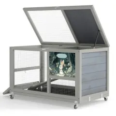 Resenkos 2-Tier Rabbit Hutch, Wooden Cage with Rollers, Removable Roof, Stairs, Easy-Clean Tray, Guinea Pig Home, Gray With Colorful Patterns