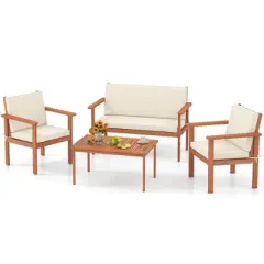 Costway 4/8 PCS Acacia Wood Conversation Set with Seat & Back Cushions Loveseat Armchairs